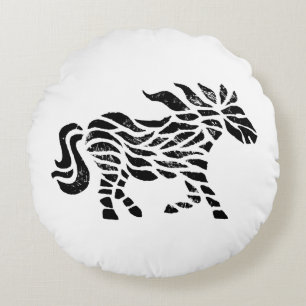 Abstract Horse Woodblock Print Round Pillow