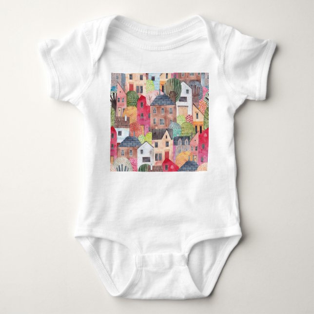 Abstract Houses: Watercolor Seamless Background. Baby Bodysuit (Front)