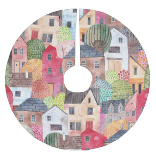 Abstract Houses: Watercolor Seamless Background. Brushed Polyester Tree Skirt