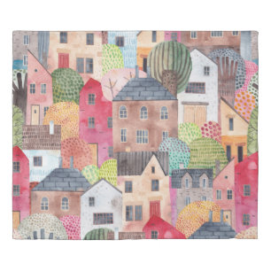 Abstract Houses: Watercolor Seamless Background. Duvet Cover