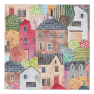 Abstract Houses: Watercolor Seamless Background. Faux Canvas Print