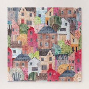 Abstract Houses: Watercolor Seamless Background. Jigsaw Puzzle