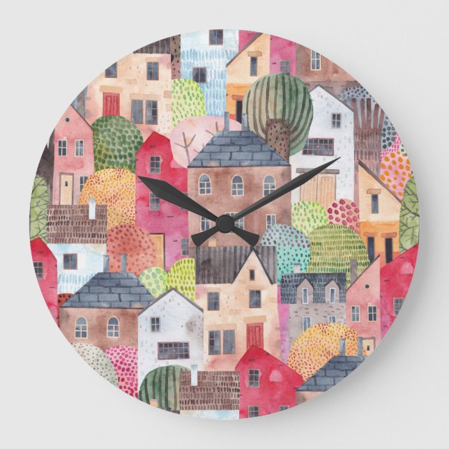 Abstract Houses: Watercolor Seamless Background. Large Clock (Front)