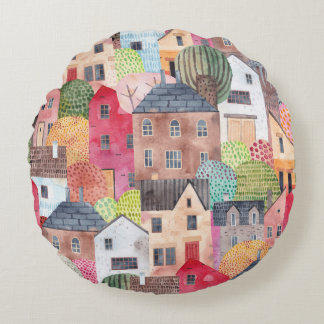 Abstract Houses: Watercolor Seamless Background. Round Pillow