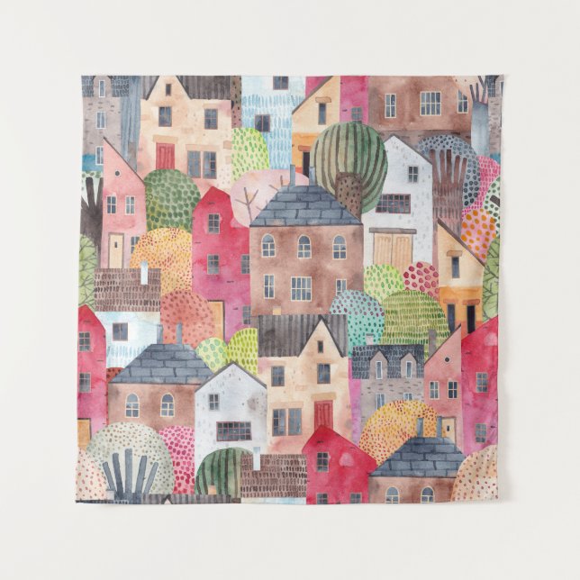 Abstract Houses: Watercolor Seamless Background. Tapestry (Front)