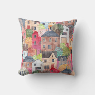 Abstract Houses: Watercolor Seamless Background. Throw Pillow