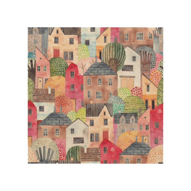 Abstract Houses: Watercolor Seamless Background. Wood Wall Art (Front)