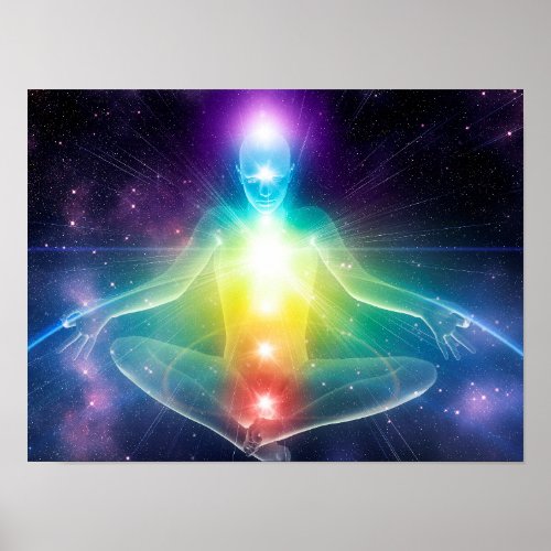Abstract humanoid lotus yoga pose with chakras poster