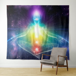 Abstract humanoid lotus yoga pose with chakras tapestry