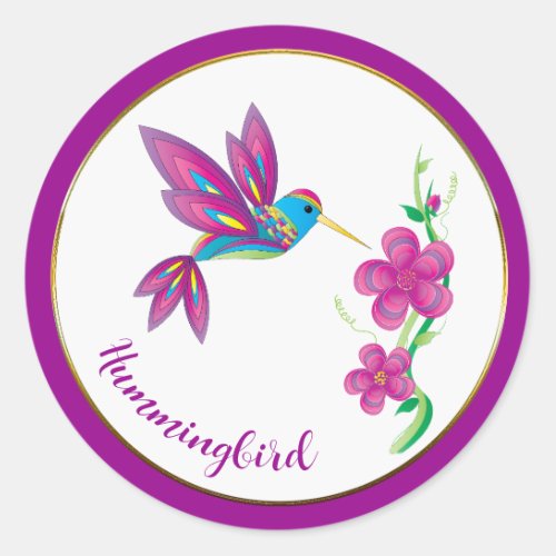 Abstract Hummingbird and Flowers Colorful Classic Round Sticker