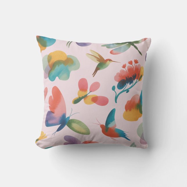 Abstract Hummingbirds and Butterflies Throw Pillow (Front)
