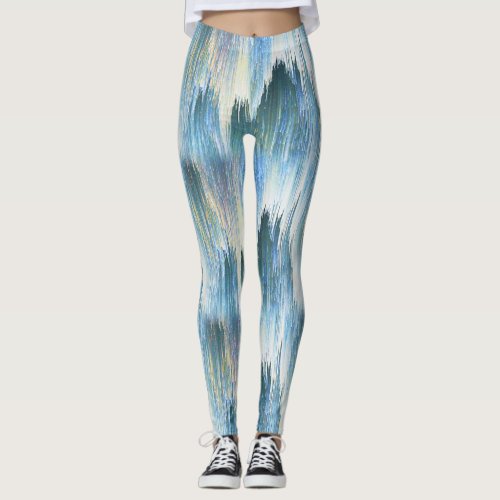 Abstract Icy Frosty Blue and Gray Paint Streaks Leggings