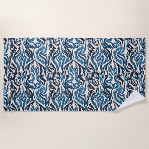 Abstract Ikat Watercolor Inspired Blue  Beach Towel