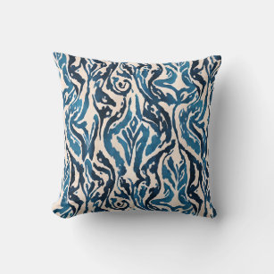 Abstract Ikat Watercolor Inspired Blue Throw Pillow