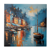 Abstract impressionistic harbor at sunset