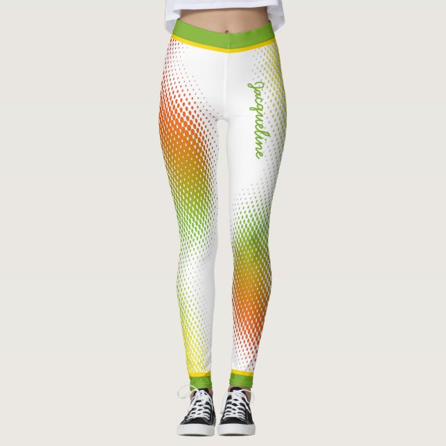 Abstract in Caribbean Colors with Name on WHITE Leggings (Front)
