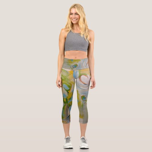ABSTRACT IN GREEN AND BLUE CAPRI LEGGINGS