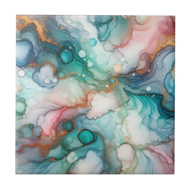 Abstract in Pink, Teal, Blue, and Gold Ceramic Tile (Front)