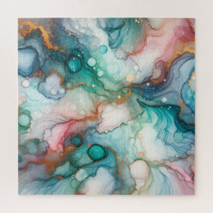 Abstract in Pink, Teal, Blue, and Gold Jigsaw Puzzle
