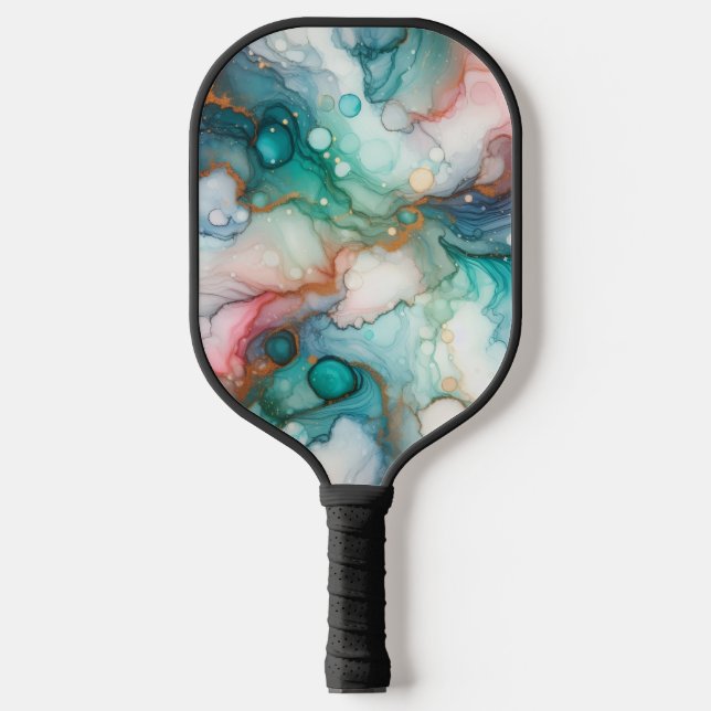 Abstract in Pink, Teal, Blue, and Gold Pickleball Paddle (Front)