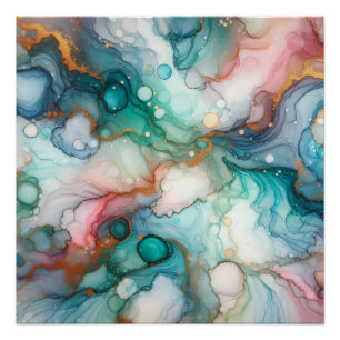 Abstract in Pink, Teal, Blue, and Gold Poster