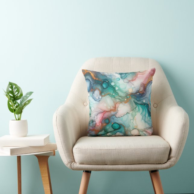 Abstract in Pink, Teal, Blue, and Gold Throw Pillow (Chair)