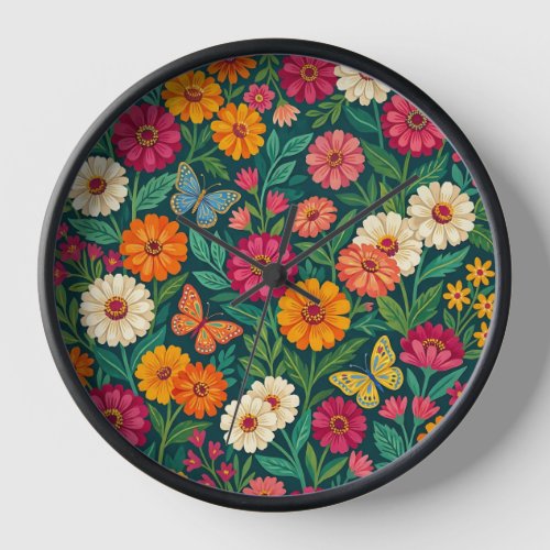 Abstract Indian Textile Zinnias Art Clocks