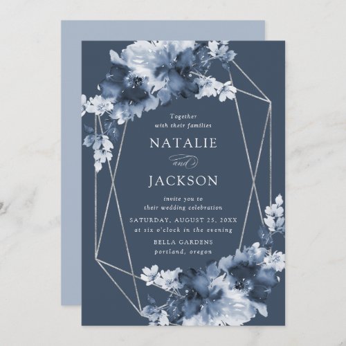 Abstract Indigo Floral  Geometric Frame Wedding Invitation
