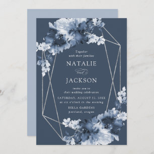 Abstract Indigo Floral   Geometric Frame Wedding Invitation