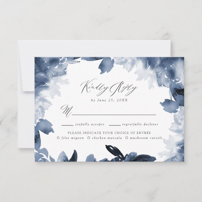 Abstract Indigo Floral RSVP Card with Meal Choice (Front)