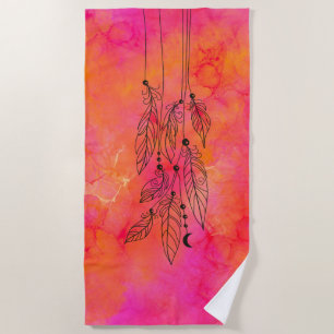 Abstract Ink Art Pink Orange Bohemian Feathers  Beach Towel