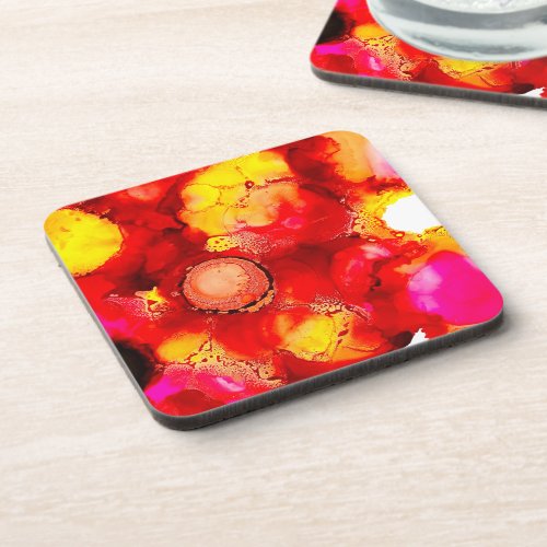 Abstract ink art yellow red and pink beverage coaster