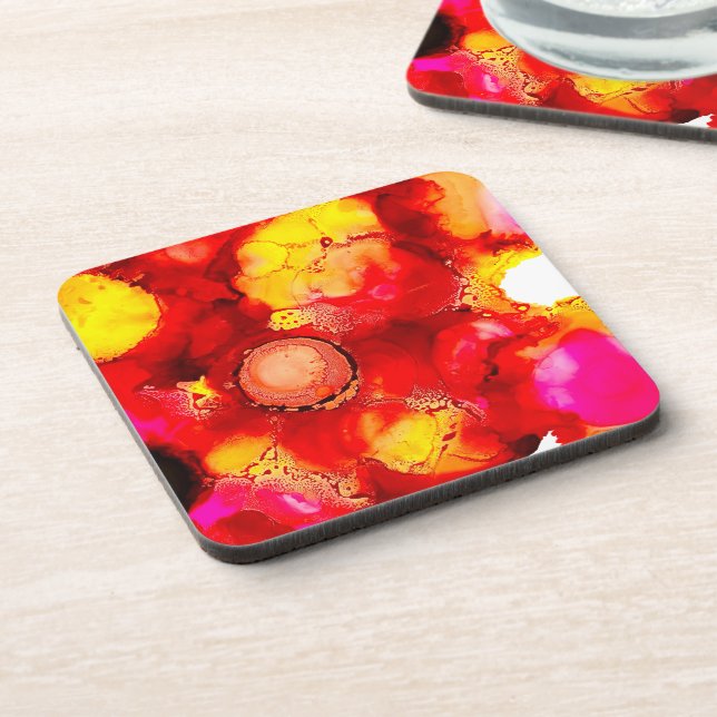 Abstract ink art yellow red and pink beverage coaster (Left Side)