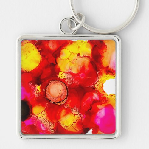 Abstract ink art yellow red and pink keychain