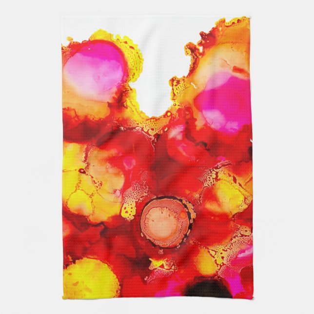 Abstract ink art yellow red and pink kitchen towel (Vertical)