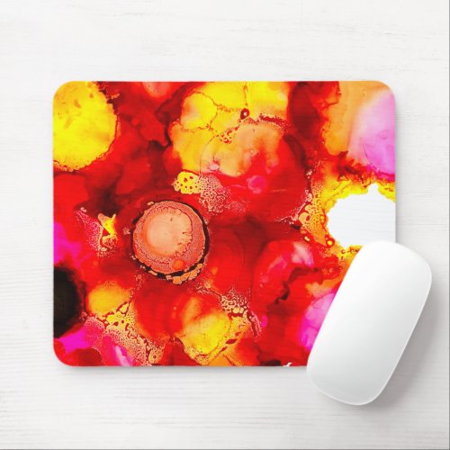 Abstract ink art yellow red and pink mouse pad