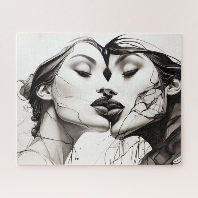 Abstract Ink Drawing of Lesbian Love Jigsaw Puzzle (Horizontal)