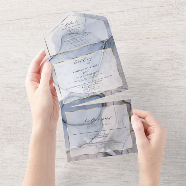 Abstract Ink Dusty Blue Mauve Plum  All In One Invitation (Tearaway)