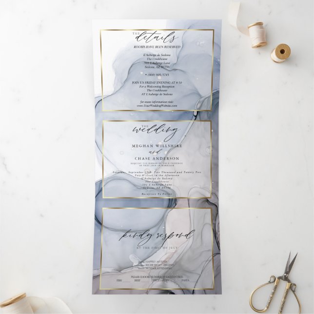 Abstract Ink Dusty Blue Mauve Plum Tri-Fold Invita (Inside)