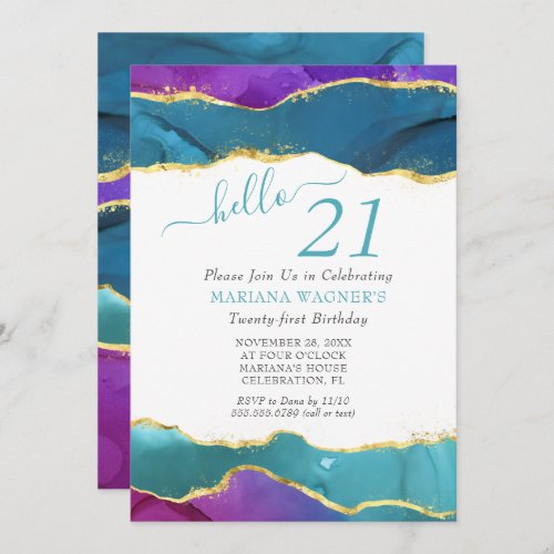 Abstract Ink Fuchsia Pink Teal Gold 21st Birthday Invitation