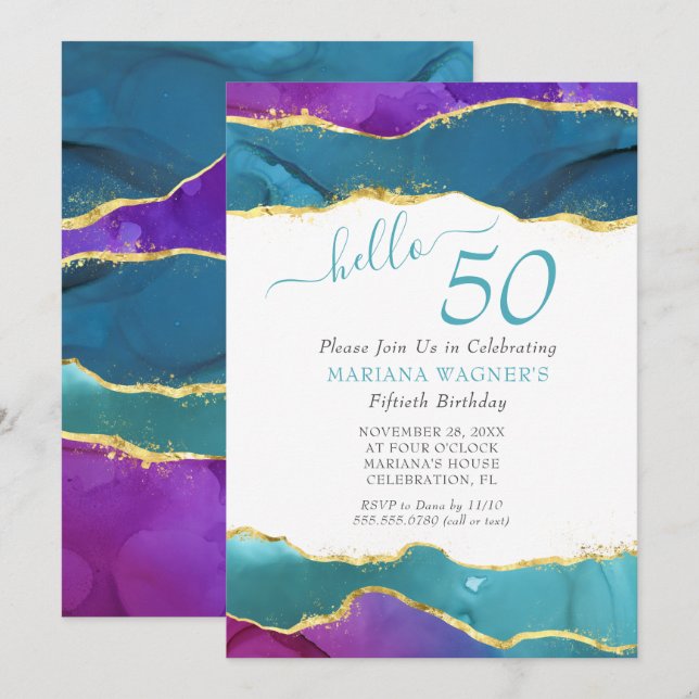Abstract Ink Fuchsia Pink Teal Gold 50th Birthday Invitation (Front/Back)