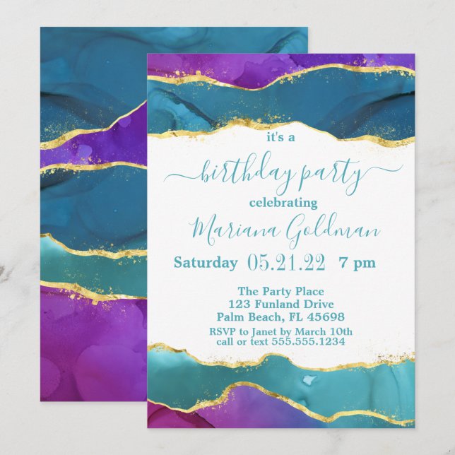 Abstract Ink Fuchsia Pink Teal Gold Birthday Party Invitation (Front/Back)