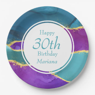 Abstract Ink Fuchsia Pink Teal Gold Birthday Party Paper Plates