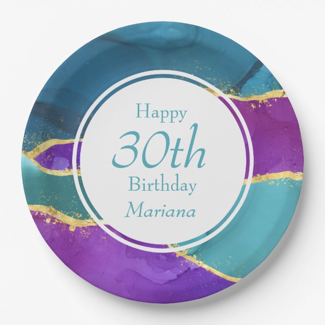 Abstract Ink Fuchsia Pink Teal Gold Birthday Party Paper Plates (Front)