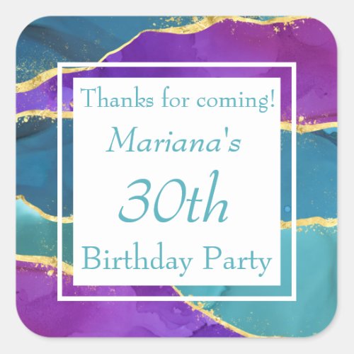 Abstract Ink Fuchsia Pink Teal Gold Birthday Square Sticker