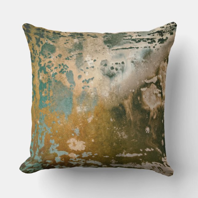 Abstract Ink Grunge Turquoise Green Brown Modern Outdoor Pillow (Front)