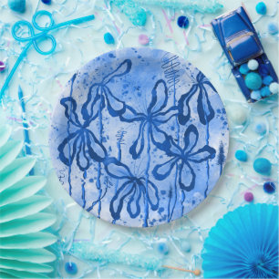 Abstract Inked Flowers Blue Sky Paper Plates
