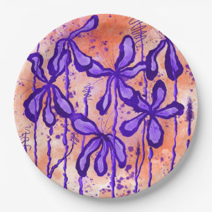 Abstract Inked Flowers Orange Purple Paper Plates