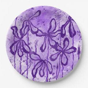 Abstract Inked Flowers Violet Sky Paper Plates
