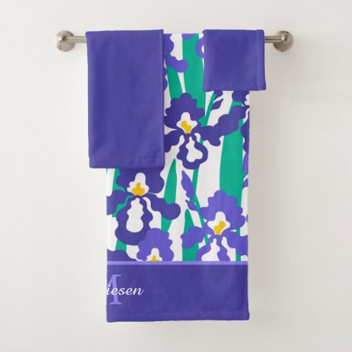 Abstract Iris Floral Monogram Solid Blue Bath Towel Set